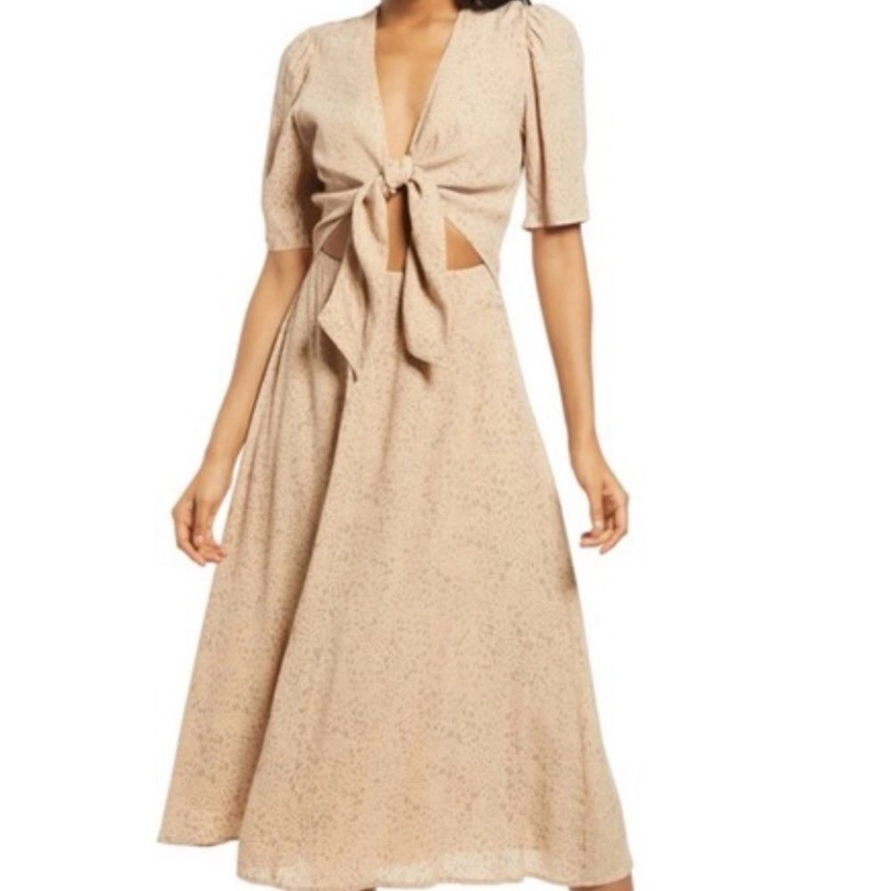 Wayf Beige Animal Print Tie-Front Dress S